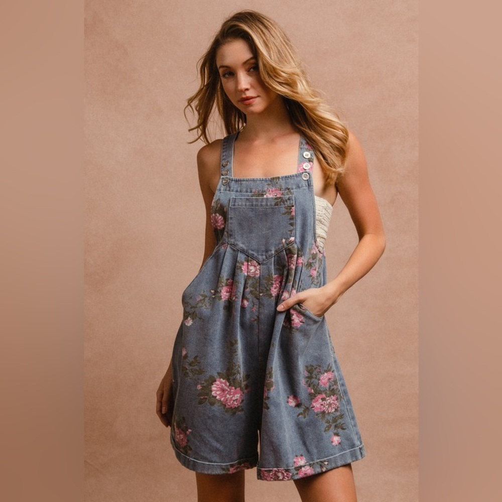 Floral Denim Shorts Romper Overalls